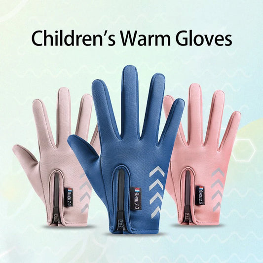 Children's Gloves Cycling Winter Autumn Thermal Gloves Waterproof Kids Reflect Light Non-Slip Ski Fleece Scooter Gloves Zipper